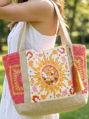 SEQUIN SUN EMBROIDERED CROCHET PANEL
TOTE BAG